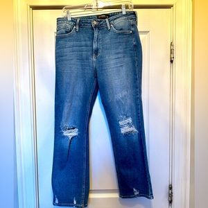 Just Black Denim boyfriend jeans with ripped knees. Size 30.